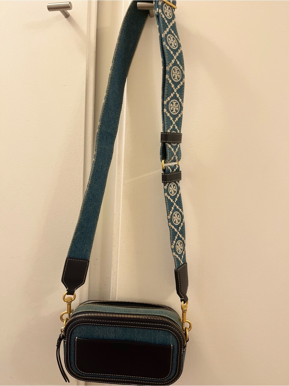 Tory Burch Mini Miller Denim Crossbody Bag Navy Leather Trim Logo Strap - Picture 3 of 12